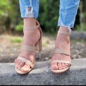 Womens Triple Straps Low Chunky Heels Sandals Nude Color